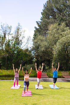Female instructor teaching yoga pose to men and woman in public park. healthy lifestyle, nature and body care.