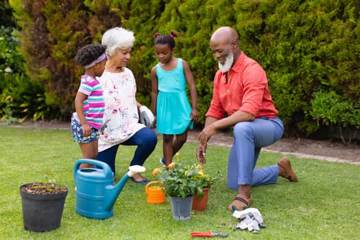 African american grandparents and grandchildren watering plants together in garden. family, love and togetherness concept, unaltered.