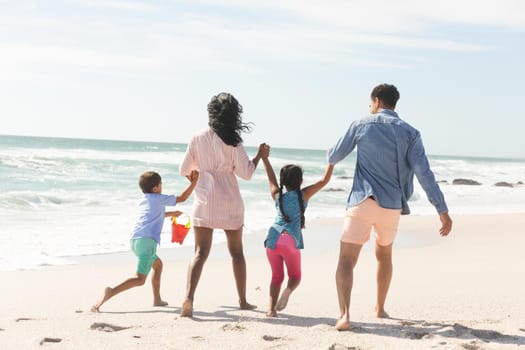 Full length rear view of playful multiracial family holding hands walking at beach during sunny day. lifestyle and weekend.