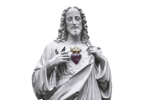 Statue of Jesus with a red heart white background