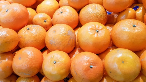 Many oranges are arranged in neat rows for sale.