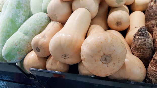 Butternut pumpkins are placed on shelves for sale along with other agricultural products.