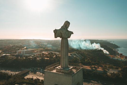 Aerial photo of Sanctuary of Christ the King, Santuario de Cristo Rei in Lisbon city, Portugal. High quality photo