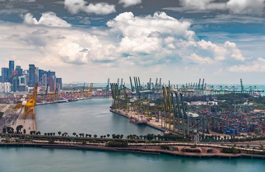 The huge busiest logistic port in Singapore, plenty of cranes to move containers, huge cargo ships in the background, skyscrapers on background. High quality photo