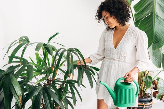 Young mixed race woman taking care of house plants. Copy space. Urban jungle concept.
