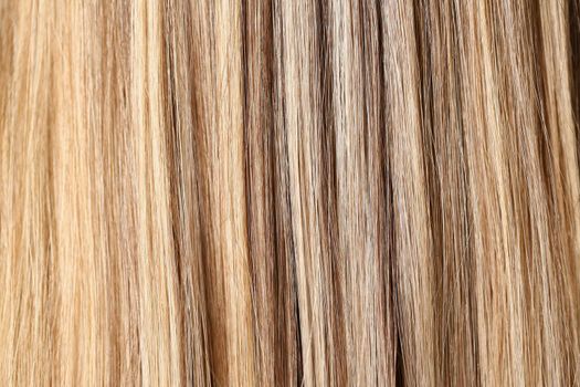 Close-up of female hair after highlighting procedure in beauty salon, shiny shades of blonde hairstyle, hair treatment. Hairstyle, wellness, care concept