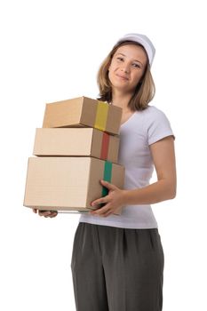 Portrait of delivery woman in white cap, t-shirt giving order boxes isolated on white background. Female courier step, cardboard box. Receiving package.