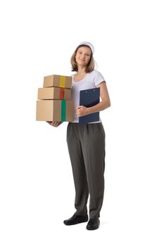 Full length portrait of delivery woman in white cap, t-shirt giving order boxes isolated on white background. Female courier step, cardboard box. Receiving package.