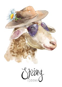 Watercolor illustration of sheep portrait with eyeglasses, hat and chamomile flower on the hat. Greeting card design with text area and calligraphy lettering "Spring soon"