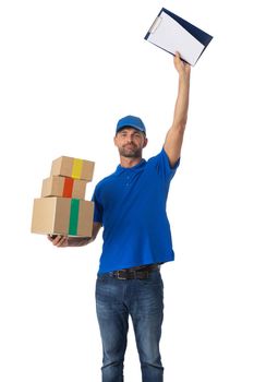 Delivery man with boxes isolated on white background