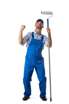 Mid adult professional house painter man in uniform with paint roller Isolated over white background