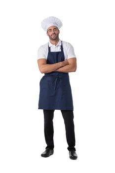 Portrait of cheerful joyful chef cook in beret and apron outfit looking at camera isolated on white background