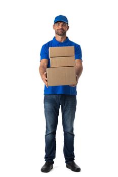 Delivery man with boxes isolated on white background