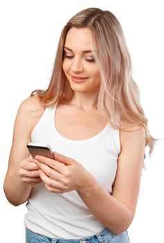 Portrait of a smiling casual woman holding smartphone over white background, close up