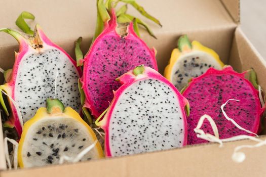 Fresh ripe organic dragon fruit or pitaya, pitahaya. Exotic fruits, healthy eating concept.