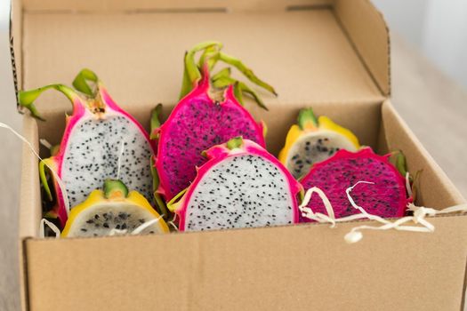 Fresh ripe organic dragon fruit or pitaya, pitahaya. Exotic fruits, healthy eating concept.