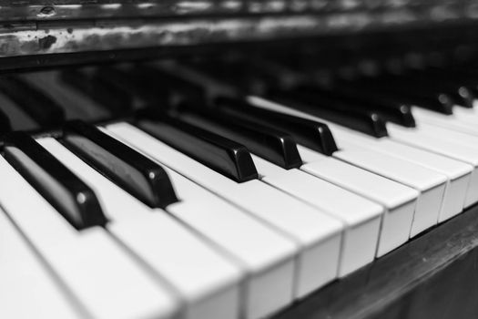 Piano keys closeup. Musical instrument in black and white photo.