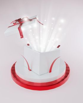open gift box or gift box with red ribbon and bow isolated on white background on podium 3d shadow rendering festival concept gift giving special day christmas valentines day and celebration celebrate