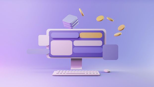 Abstract computer and hardware device displaying various commodities trading information online currency exchange rate isolated pastel minimalist background. 3D rendering.