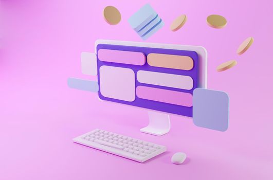 Computer and hardware, mouse, keyboard, abstract showing various commodity trading data. Online currency exchange rate isolated simple pastel background. 3D rendering.