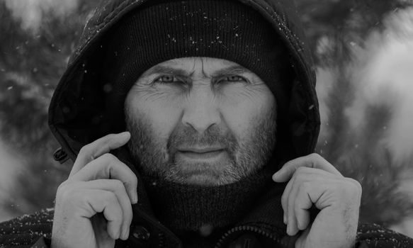 A man in a hood with a beard looks at the camera against the background of a fir branch.