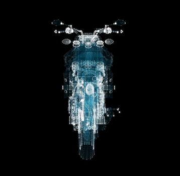 Abstract motorcycle consisting of glow points and lines. 3d illustration. Sport, transportation and techology concept