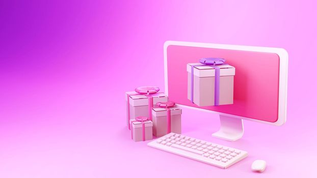 Abstract special occasion gift box computer hardware device displaying various online trading information, currency exchange, isolated minimalist background. There is copy space for 3D rendering.
