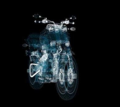 Abstract motorcycle consisting of glow points and lines. 3d illustration. Sport, transportation and techology concept