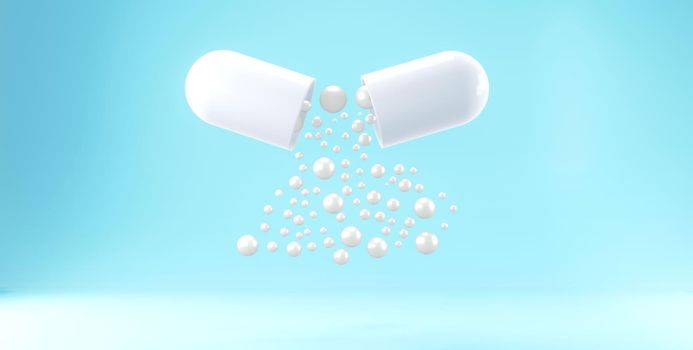 white pill capsule isolated blue background The concept of drug discovery for therapeutic use in the organization's banner 3d render.