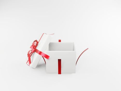 Open gift box or gift box with red ribbon and bow isolated on white background with 3d shadow rendering. Festival concept, gift-giving, special day, Christmas, valentines day and celebrations new Year