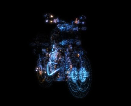 Abstract motorcycle consisting of glow points and lines. 3d illustration. Sport, transportation and techology concept