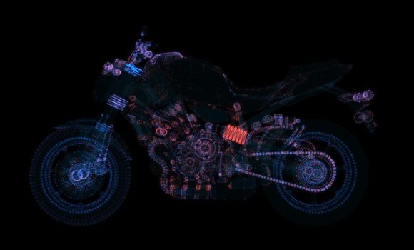 Abstract motorcycle consisting of glow points and lines. 3d illustration. Sport, transportation and techology concept