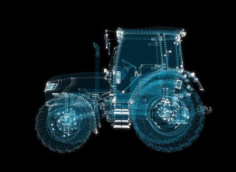 Farm Tractor consisting of glow points and lines. 3d illustration. Transportation and techology concept