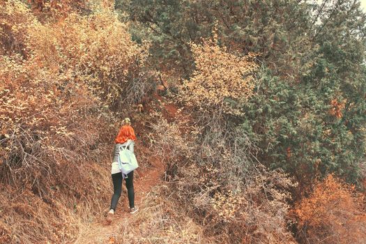 Red-haired woman with a backpack walks along a path in the forest in the mountains. Autumn mountain landscape. A trip to nature. Young woman on vacation.