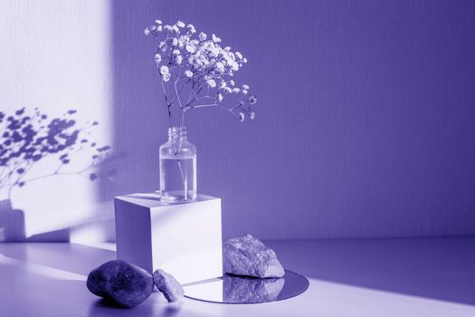 Purple background: Still life with a branch of a gypsophila flower standing on a paper cube, near three stones on a round mirror, copy space, abstract design concept.