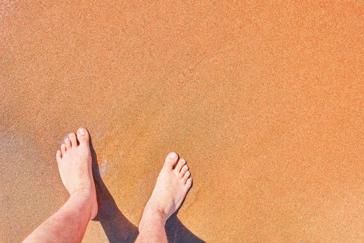 Closeup of man's bare feet stand at wet on beach. Vacation on ocean beach, foot on sea sand. Empty copy space. Summer atmosphere.