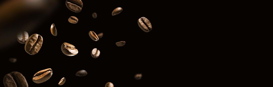 Coffee beans in flight on a dark background.