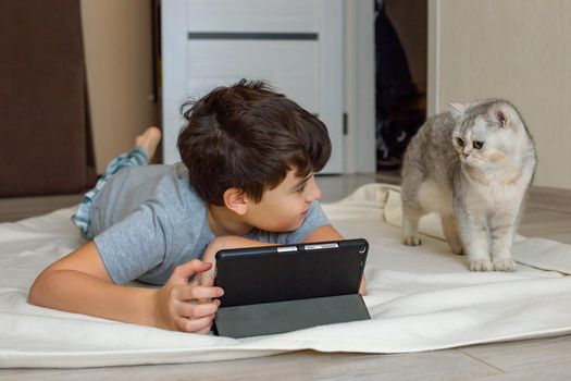 boy teenager in gray t-shirt , lies on the floor on a white blanket, holds a digital tablet. Next to a beautiful white british cat