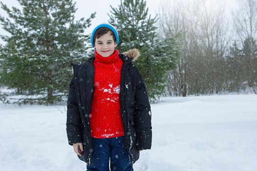 Portrait of cute teenager boy in a dark jacket, hat and a red sweater stands in a winter park on the snow