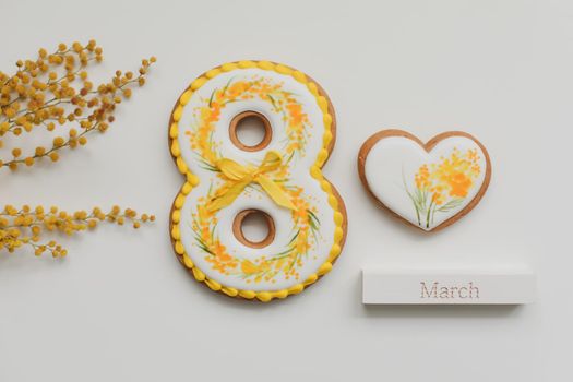 Women's Day, March 8, figure eight, gingerbread, flowers. space for text