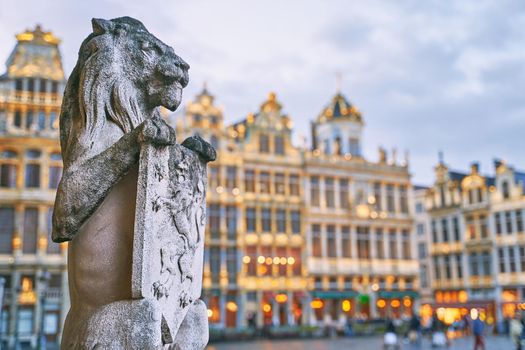 Symbol of Belgium - Guardian lion holding the Coat of Arms at the Grand Place Grote Markt in Brussels, Belgium.