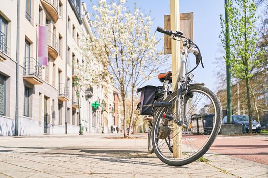 Bicycle with pannier bags trunk for luggage parked on the sunny spring street with blooming trees. Food delivery serice. Copy space.