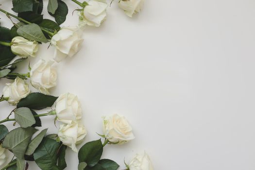 Elegant floral composition with white roses and place for text on white background. Top view