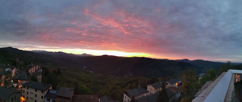 panorama of the sunset from the castle of MonteFiorino Modena on the hills. High quality photo