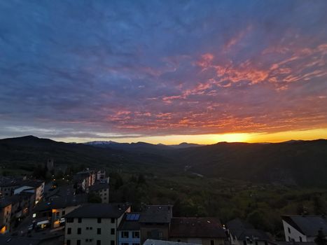 panorama of the sunset from the castle of MonteFiorino Modena on the hills. High quality photo