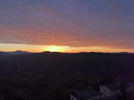 panorama of the sunset from the castle of MonteFiorino Modena on the hills. High quality photo