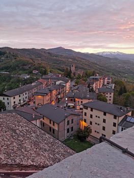 panorama of the sunset from the castle of MonteFiorino Modena on the hills. High quality photo