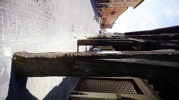 arcades of Cento di Ferrara with wooden columns. High quality photo