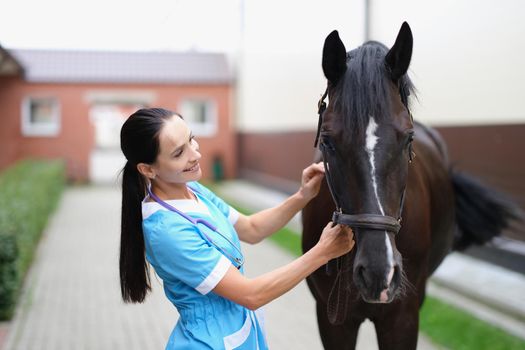 Woman veterinarian holding reins of horse at farm. Pet treatment professional advice concept