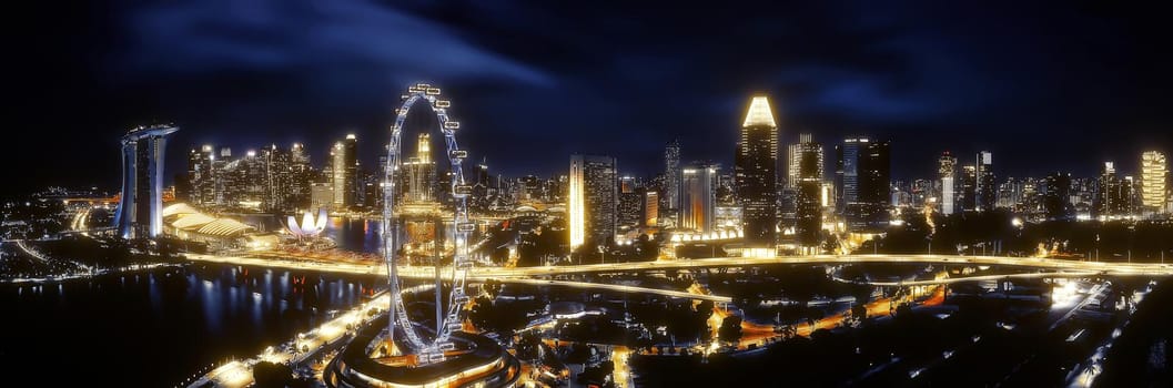 Beautiful Gold view of Singapore night. Skyscrapers at the Marina Bay. Panorama of the sights of Singapore.